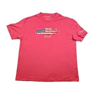 Simms Fly Fishing USA Flag Fish Graphic Logo Mens 2XL Red Short Sleeve T Shirt